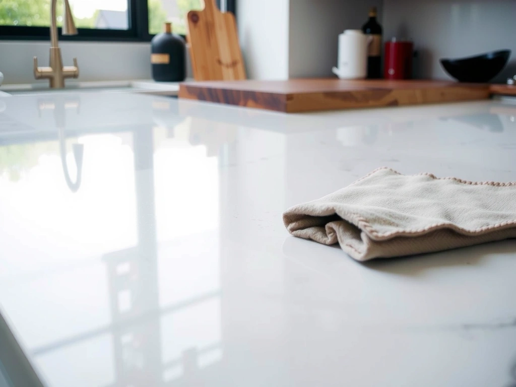 Superficie de cuarzo limpia con microfibra